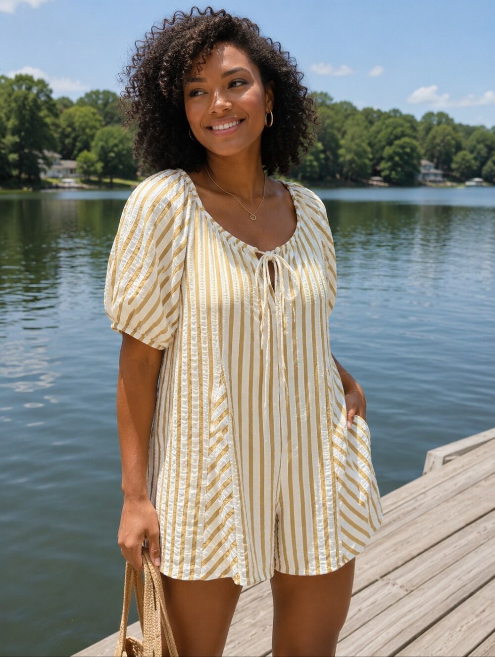 Boutique White and Mustard Striped Peasant Romper - Picture 1 of 6